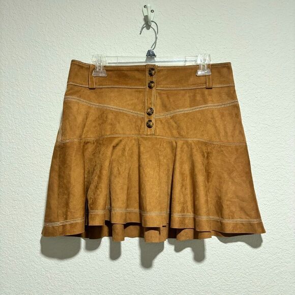 Shyanne Women's Faux Suede Ruffle Skirt Brown Large Solid Button Belt Loops - Picture 4 of 9